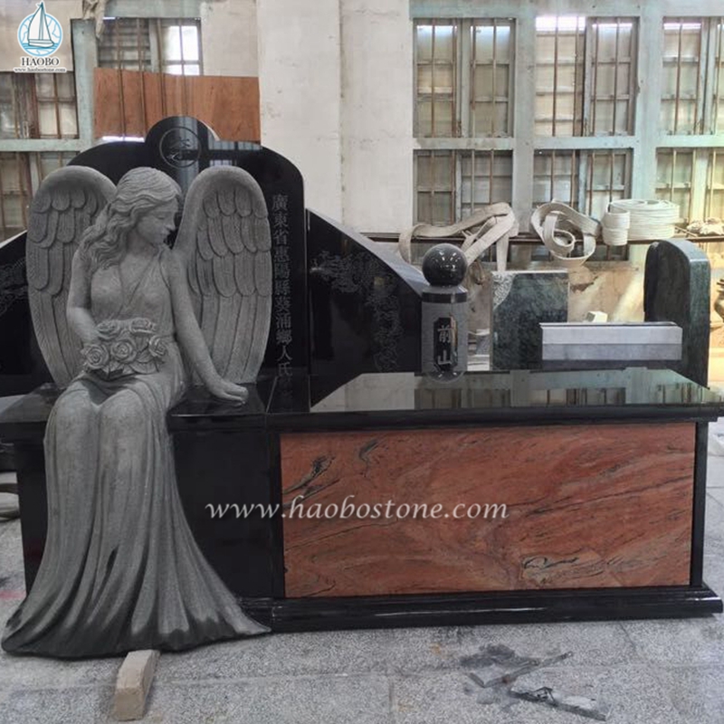 مقعد نصب الهند الجرانيت الأسود مع تمثال الملاك

