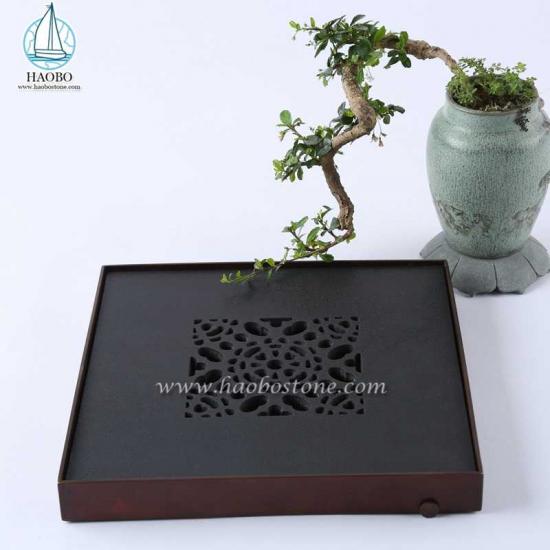 الصين الغرانيت الأسود تصميم الجوف نحت الحجر مربع صينية الشاي
