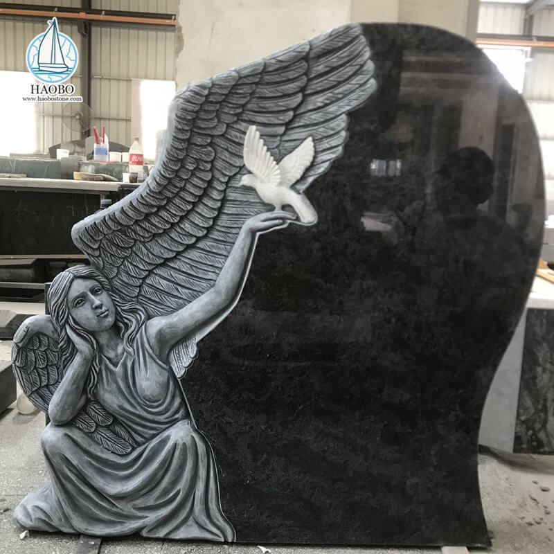 الملاك الجرانيت الأسود مع حمامة منحوتة علامة جنازة
