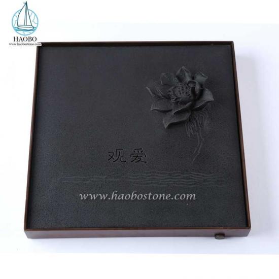 الصين الجرانيت الأسود تصميم لوتس صينية منحوتة مربع الشاي
